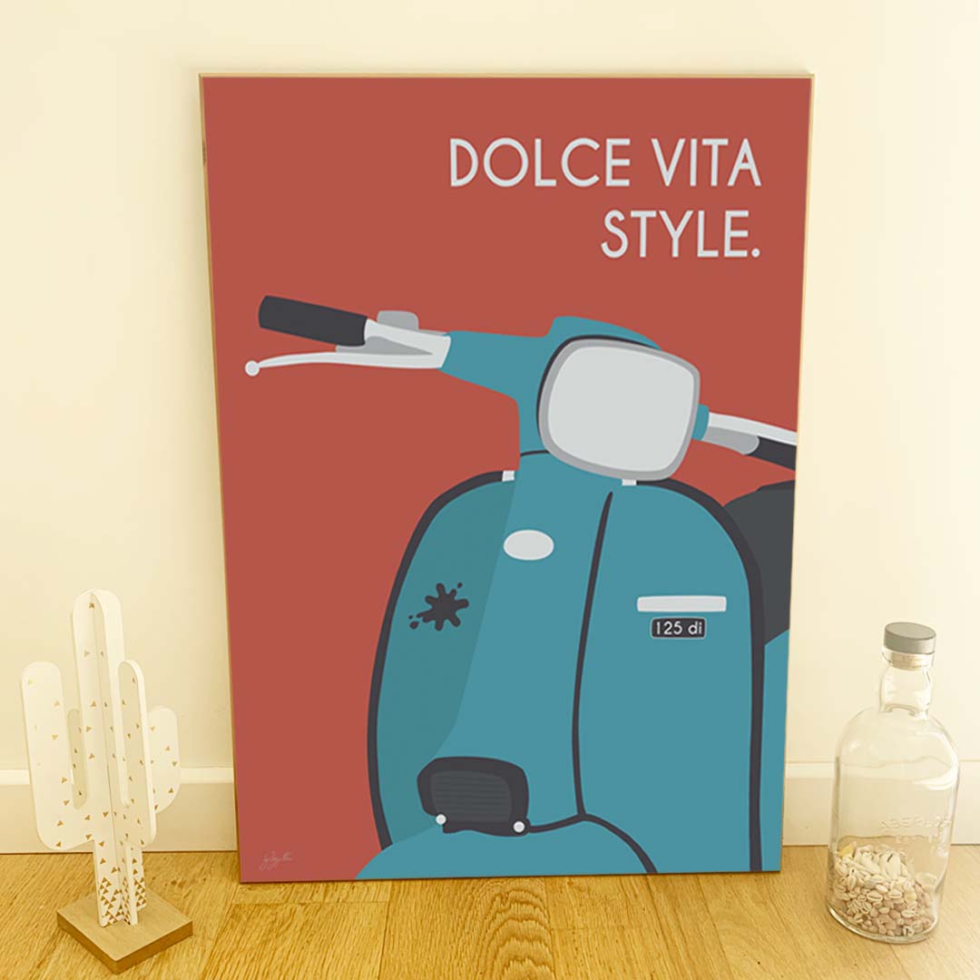 Affiche scooter vintage italien – décoration murale inspirée de l’art de vivre italien et de la Dolce Vita.
