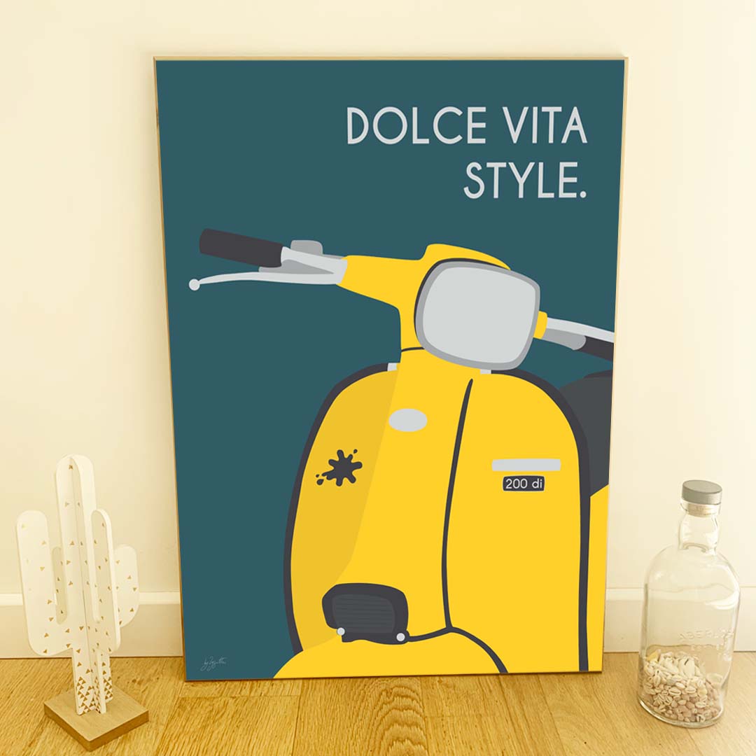 Affiche scooter vintage italien – décoration murale inspirée de l’art de vivre italien et de la Dolce Vita.