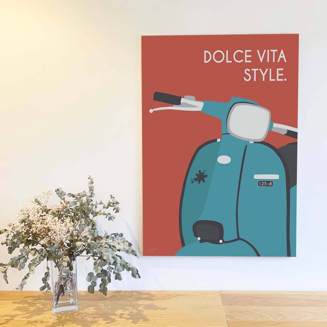 Affiche scooter vintage italien – décoration murale inspirée de l’art de vivre italien et de la Dolce Vita.