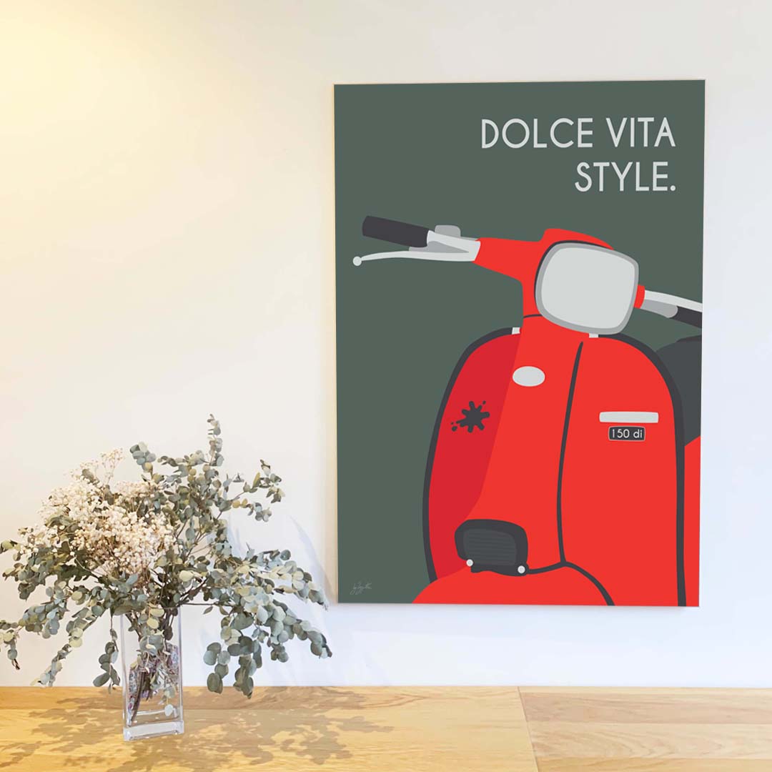 Affiche scooter vintage italien – décoration murale inspirée de l’art de vivre italien et de la Dolce Vita.
