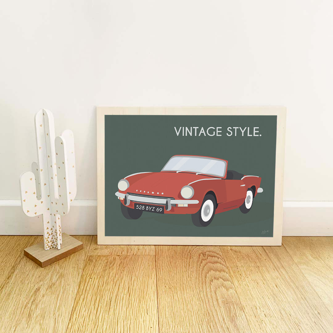 Affiche Triumph vintage – décoration murale inspirée d’une voiture de collection britannique emblématique.