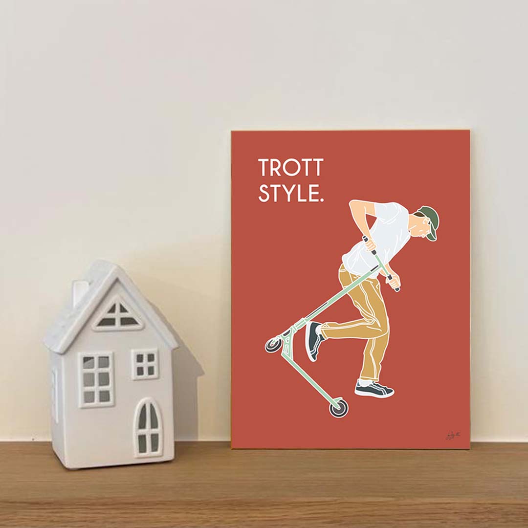 Affiche trottinette freestyle – décoration murale inspirée des skateparks, des figures de freestyle et de la culture urbaine.