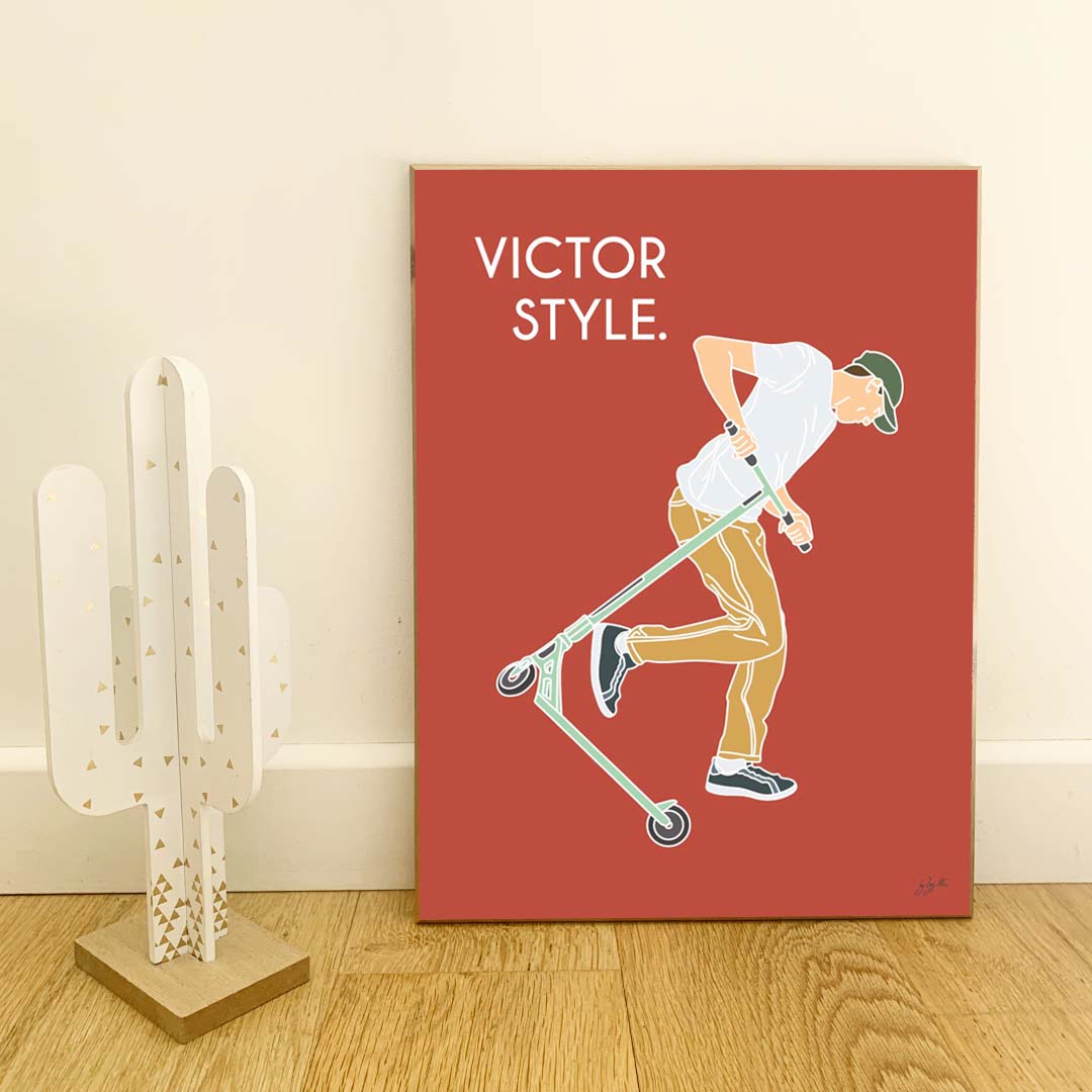 Affiche trottinette freestyle – décoration murale inspirée des skateparks, des figures de freestyle et de la culture urbaine.