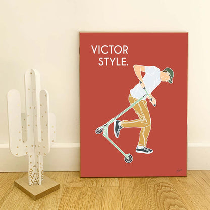 Affiche trottinette freestyle – décoration murale inspirée des skateparks, des figures de freestyle et de la culture urbaine.