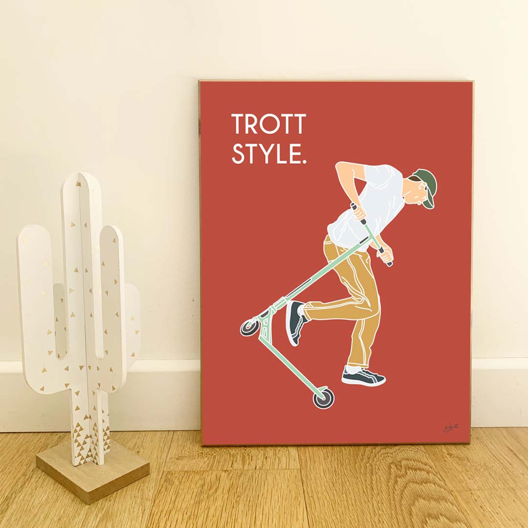 Affiche trottinette freestyle – décoration murale inspirée des skateparks, des figures de freestyle et de la culture urbaine.