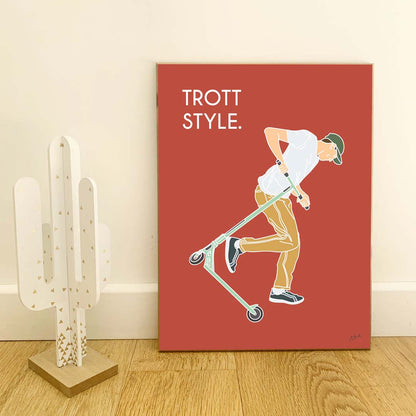 Affiche trottinette freestyle – décoration murale inspirée des skateparks, des figures de freestyle et de la culture urbaine.