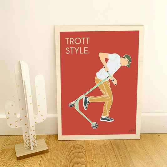 Affiche trottinette freestyle – décoration murale inspirée des skateparks, des figures de freestyle et de la culture urbaine.