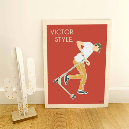 Affiche trottinette freestyle – décoration murale inspirée des skateparks, des figures de freestyle et de la culture urbaine.