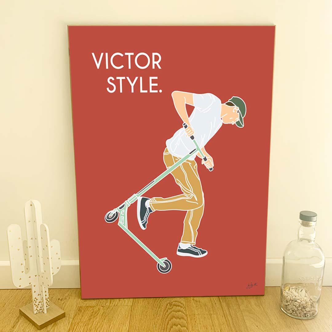 Affiche trottinette freestyle – décoration murale inspirée des skateparks, des figures de freestyle et de la culture urbaine.