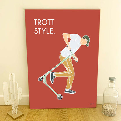 Affiche trottinette freestyle – décoration murale inspirée des skateparks, des figures de freestyle et de la culture urbaine.