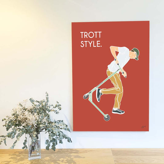 Affiche trottinette freestyle – décoration murale inspirée des skateparks, des figures de freestyle et de la culture urbaine.