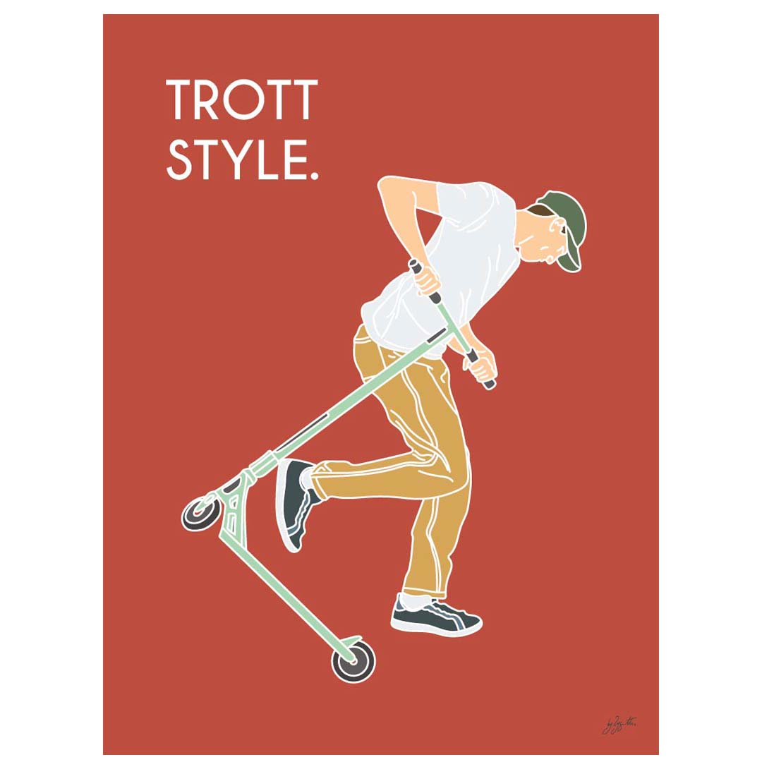 Affiche trottinette freestyle – décoration murale inspirée des skateparks, des figures de freestyle et de la culture urbaine.