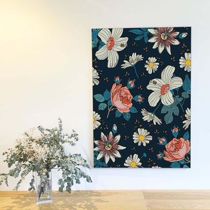 Affiche florale représentant un motif de fleurs blanches, pivoines roses et marguerites sur fond bleu, idéale pour une décoration murale élégante et botanique.