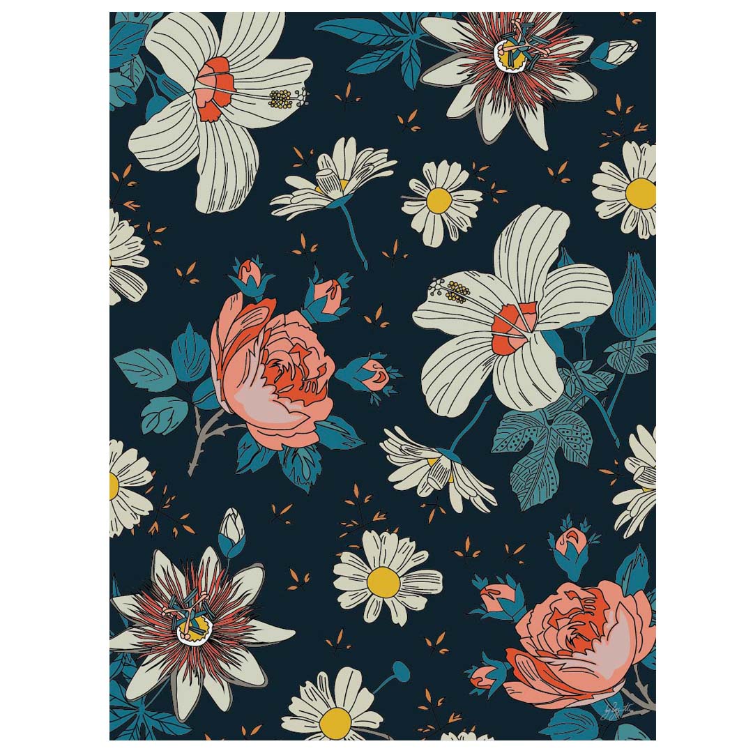 Affiche florale représentant un motif de fleurs blanches, pivoines roses et marguerites sur fond bleu, idéale pour une décoration murale élégante et botanique.