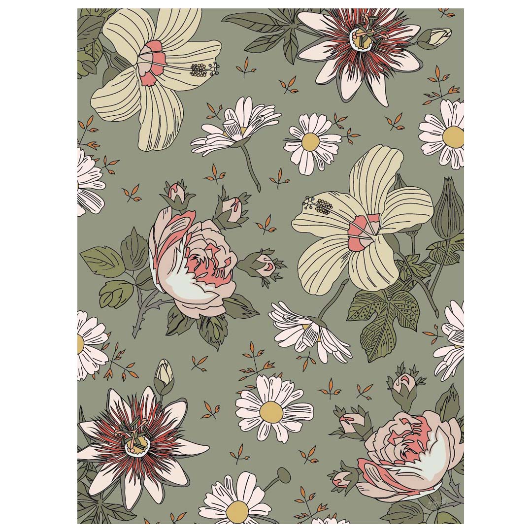 Affiche florale représentant un motif de fleurs blanches, pivoines roses et marguerites sur fond bleu, idéale pour une décoration murale élégante et botanique.