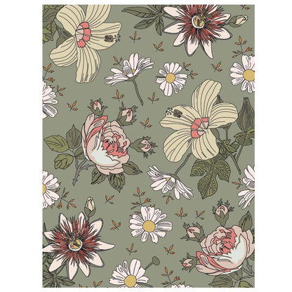 Affiche florale représentant un motif de fleurs blanches, pivoines roses et marguerites sur fond bleu, idéale pour une décoration murale élégante et botanique.