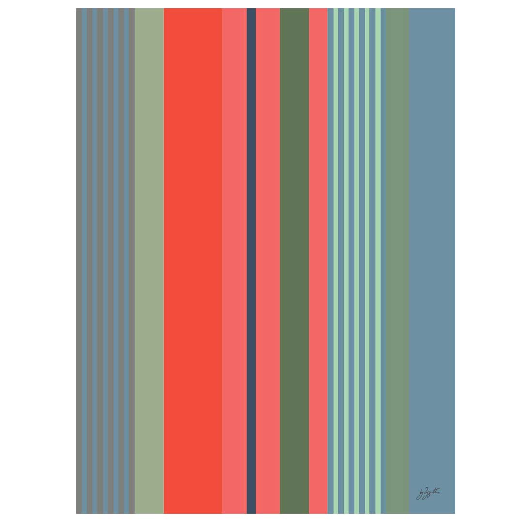 Affiche décorative inspirée des rayures basques traditionnelles avec des bandes colorées bleu, vert et corail, idéale pour une décoration murale moderne.