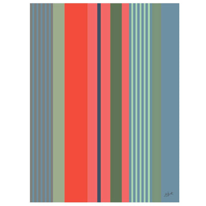 Affiche décorative inspirée des rayures basques traditionnelles avec des bandes colorées bleu, vert et corail, idéale pour une décoration murale moderne.