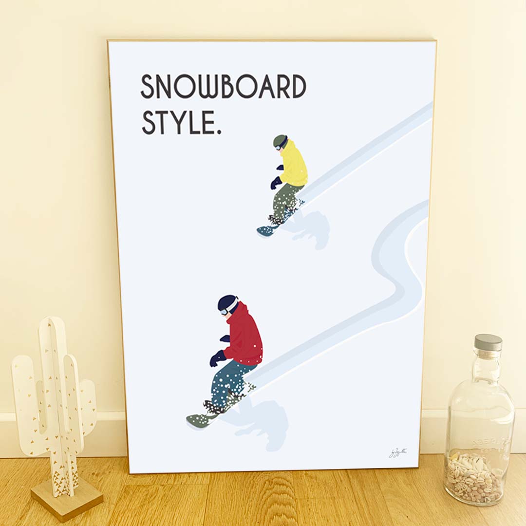 Affiche snowboard montagne – décoration murale inspirée des sports d’hiver et des paysages enneigés.