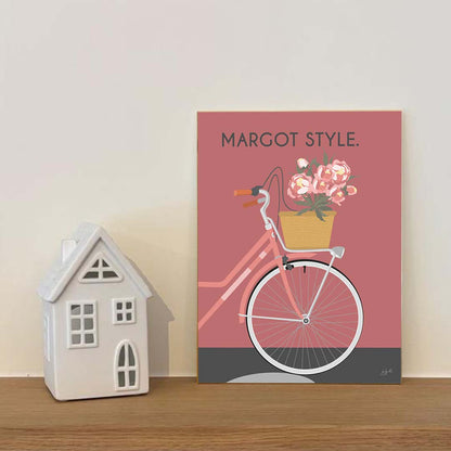 Affiche en bois Vélo rose - personnalisée