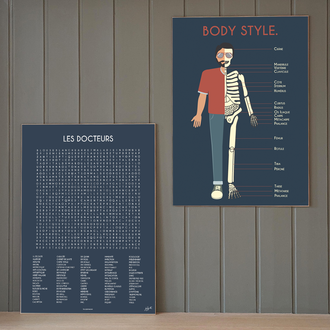 Duo d’affiches en bois By Zygottes sur fond bleu : BODY STYLE, illustration anatomique du corps humain, et LES DOCTEURS pour décorer un cabinet médical.