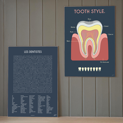 Duo d’affiches en bois pour cabinet dentaire : Anatomie de la dent et LES DENTISTES, décoration murale coordonnée sur fond bleu.