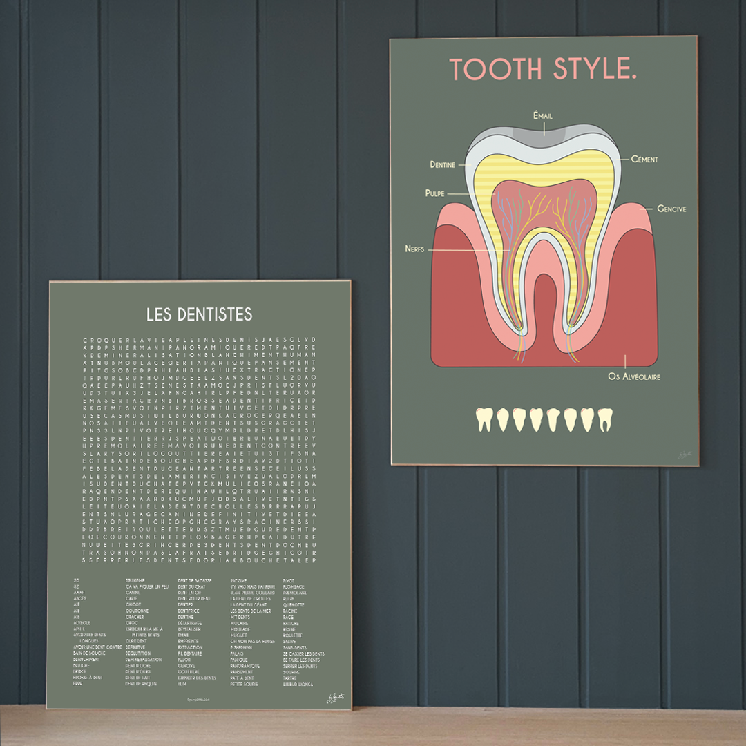 Décoration murale de cabinet dentaire avec deux affiches en bois assorties : schéma anatomique de la dent et affiche LES DENTISTES, coloris kaki.