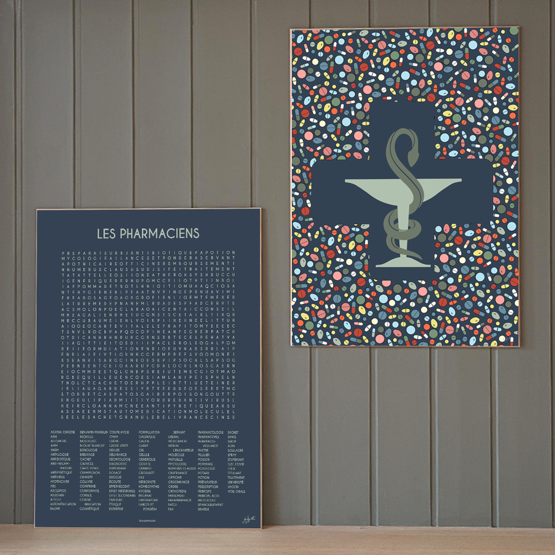 Duo d’affiches By Zygottes pour pharmacie : Coupe d’Hygie entourée de gélules colorées et affiche LES PHARMACIENS, assorties sur fond bleu.