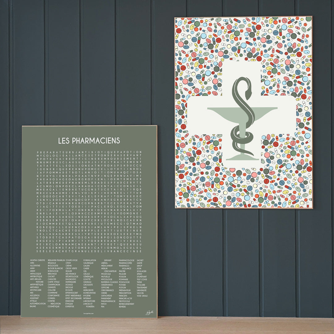 Décoration murale de pharmacie avec deux affiches By Zygottes : la Coupe d’Hygie sur fond blanc cassé et l’affiche LES PHARMACIENS en kaki.
