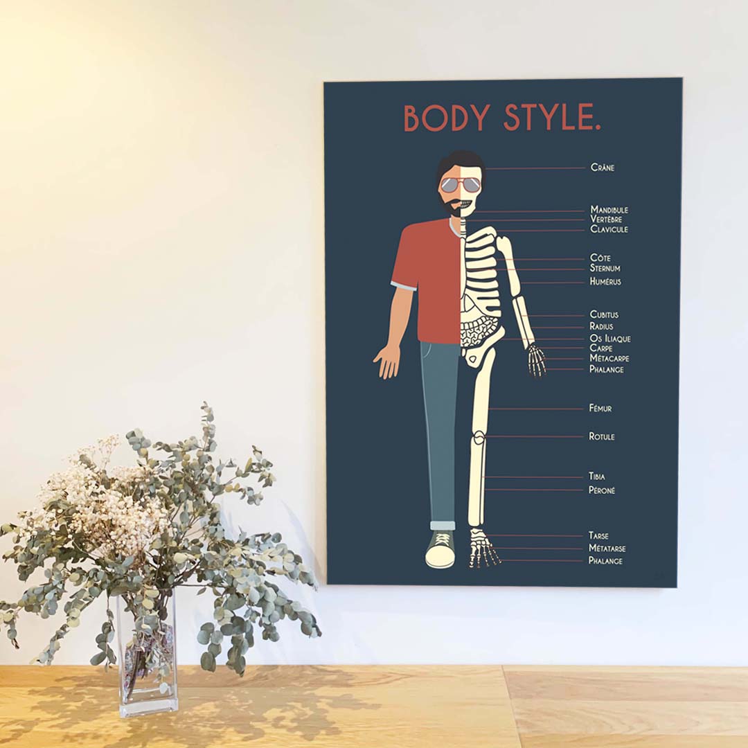 Grande affiche en bois anatomie du corps humain 70 × 100 cm, coloris bleu et terracotta