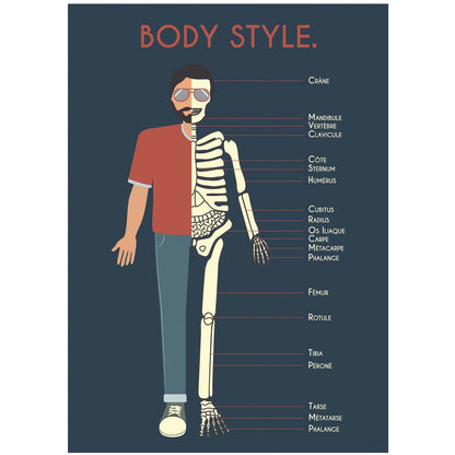 Illustration BODY STYLE du corps humain mi-homme mi-squelette, avec les principaux os légendés en français sur fond bleu.
