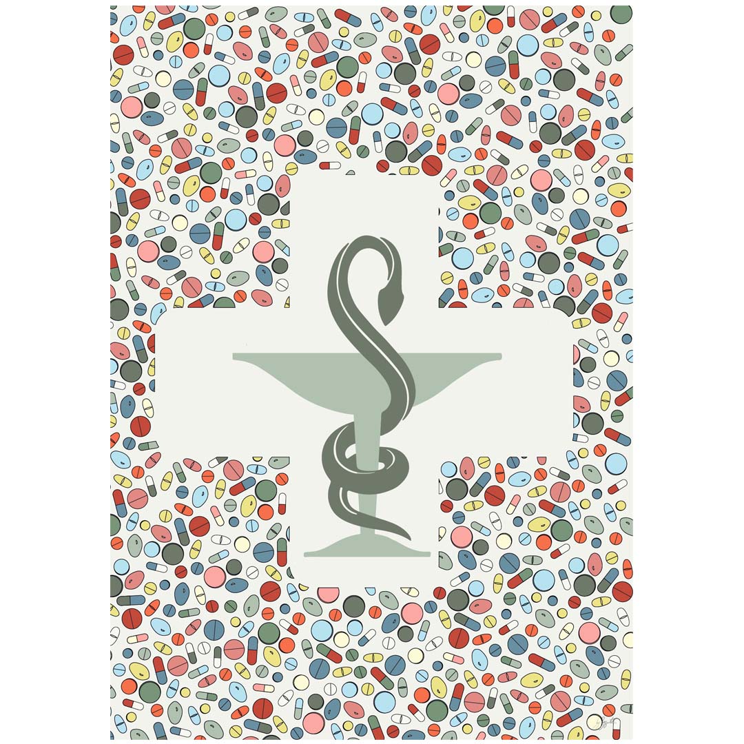 Affiche Coupe d’Hygie sur fond blanc cassé, avec un symbole de pharmacie vert sauge et des gélules multicolores, création graphique By Zygottes.
