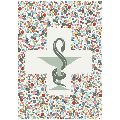 Affiche Coupe d’Hygie sur fond blanc cassé, avec un symbole de pharmacie vert sauge et des gélules multicolores, création graphique By Zygottes.