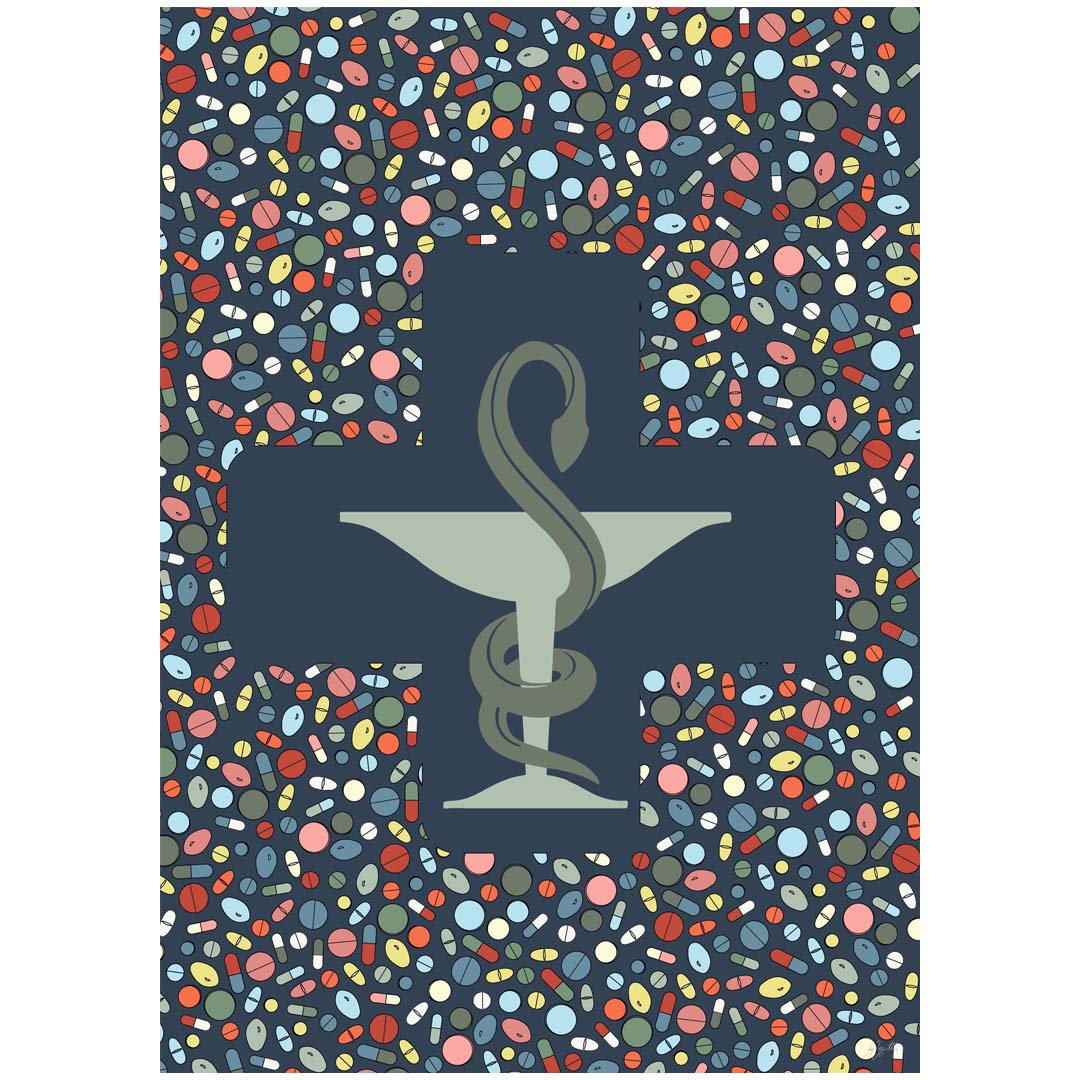 Illustration de la Coupe d’Hygie sur fond bleu, entourée de gélules colorées, pour une affiche en bois de décoration de pharmacie By Zygottes.