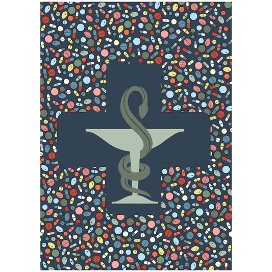 Illustration de la Coupe d’Hygie sur fond bleu, entourée de gélules colorées, pour une affiche en bois de décoration de pharmacie By Zygottes.