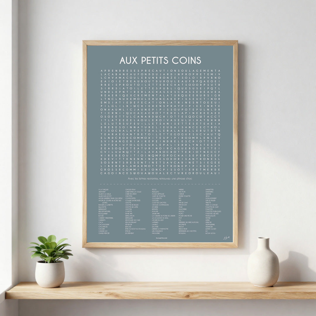 Poster Aux Petits Coins – décoration murale humoristique pour toilettes.