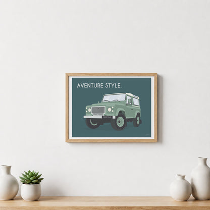 Affiche Defender vintage – décoration murale inspirée des voyages, de l’aventure et des grands espaces.