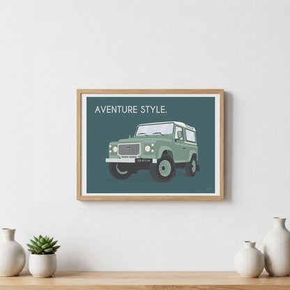 Affiche Defender vintage – décoration murale inspirée des voyages, de l’aventure et des grands espaces.