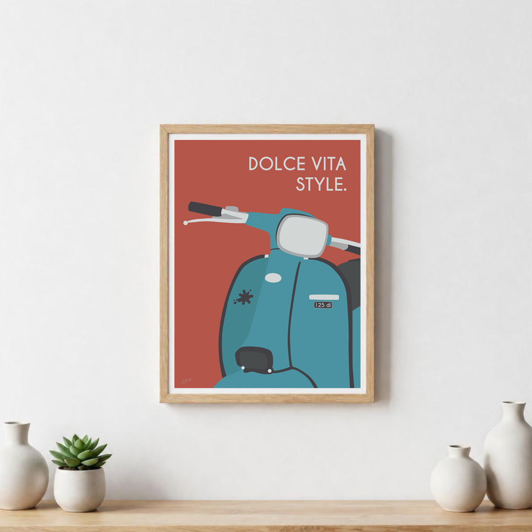 Affiche scooter vintage italien – décoration murale inspirée de l’art de vivre italien et de la Dolce Vita.