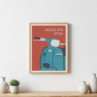 Affiche scooter vintage italien – décoration murale inspirée de l’art de vivre italien et de la Dolce Vita.