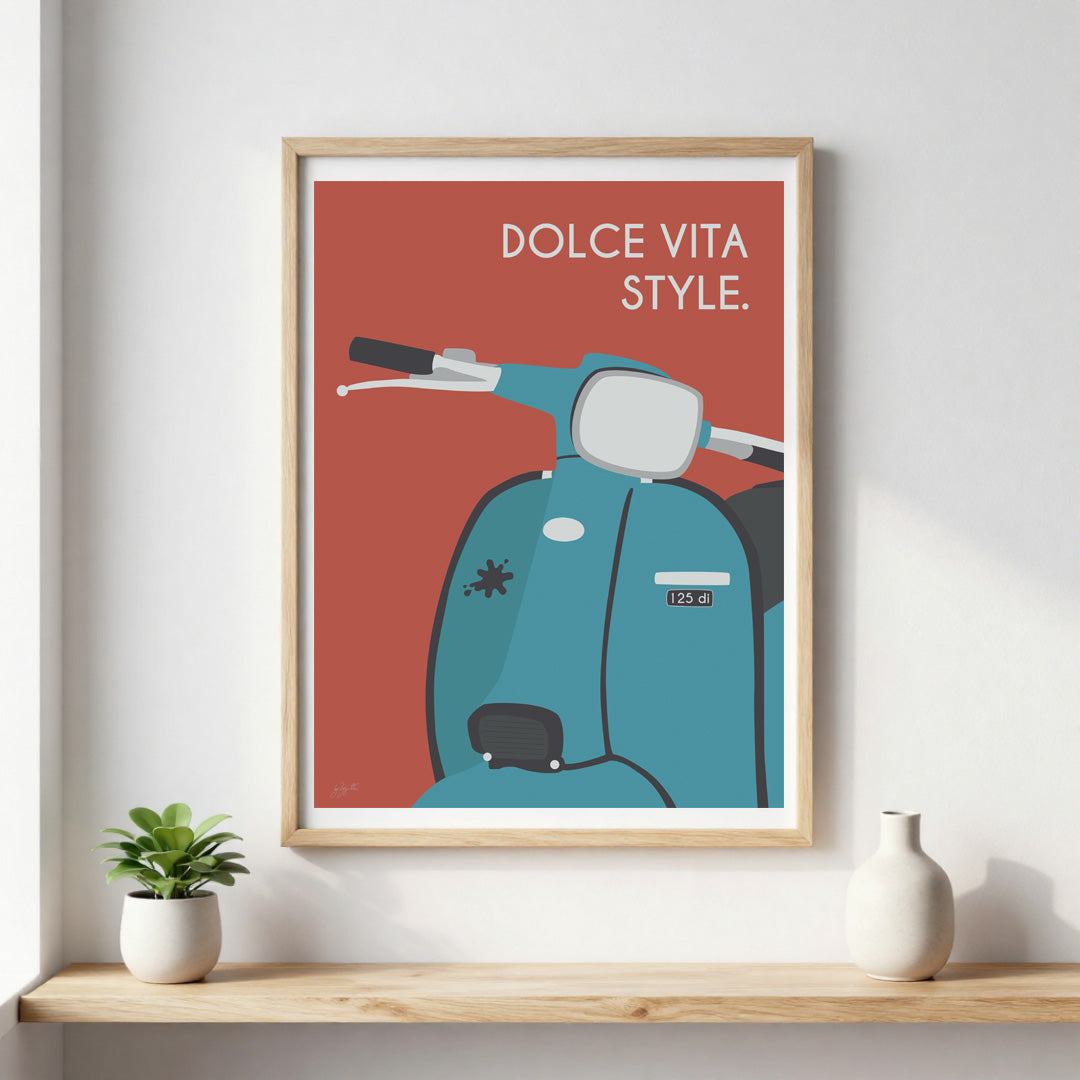 Affiche scooter vintage italien – décoration murale inspirée de l’art de vivre italien et de la Dolce Vita.
