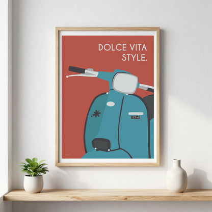 Affiche scooter vintage italien – décoration murale inspirée de l’art de vivre italien et de la Dolce Vita.
