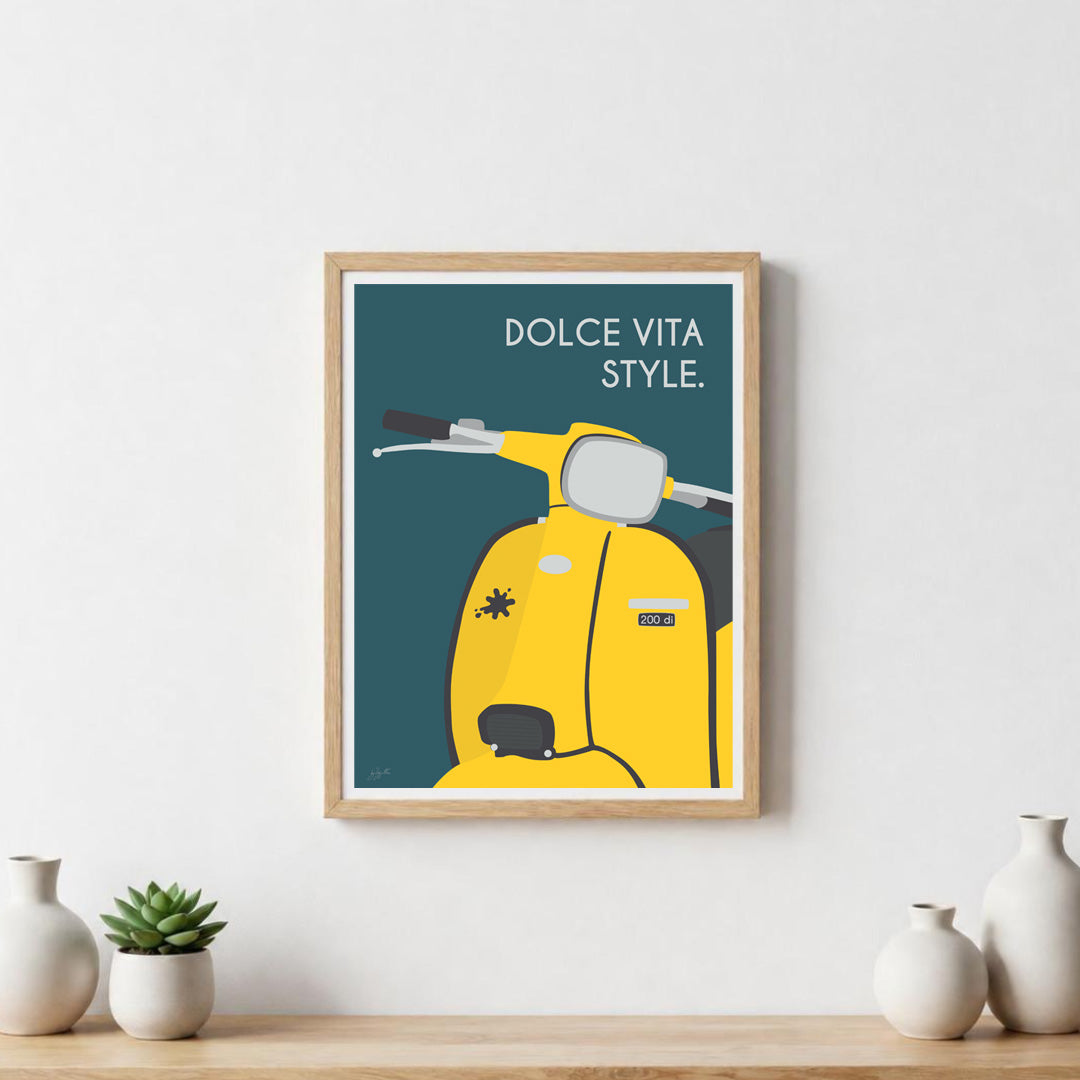 Affiche scooter vintage italien – décoration murale inspirée de l’art de vivre italien et de la Dolce Vita.