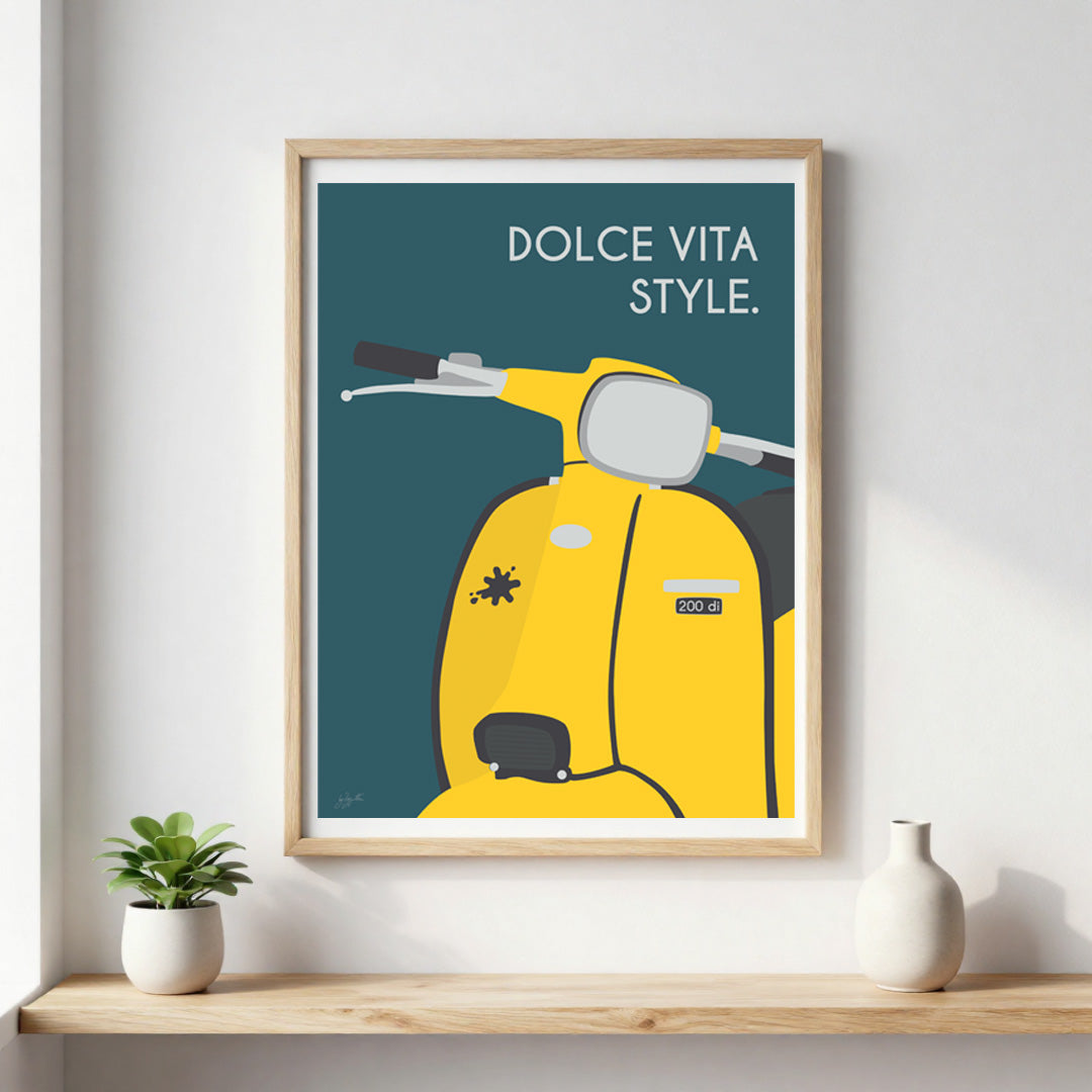 Affiche scooter vintage italien – décoration murale inspirée de l’art de vivre italien et de la Dolce Vita.