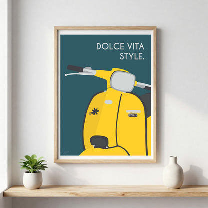 Affiche scooter vintage italien – décoration murale inspirée de l’art de vivre italien et de la Dolce Vita.