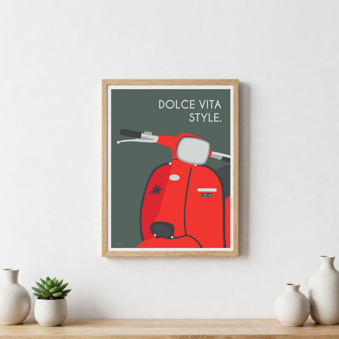 Affiche scooter vintage italien – décoration murale inspirée de l’art de vivre italien et de la Dolce Vita.