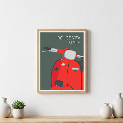 Affiche scooter vintage italien – décoration murale inspirée de l’art de vivre italien et de la Dolce Vita.