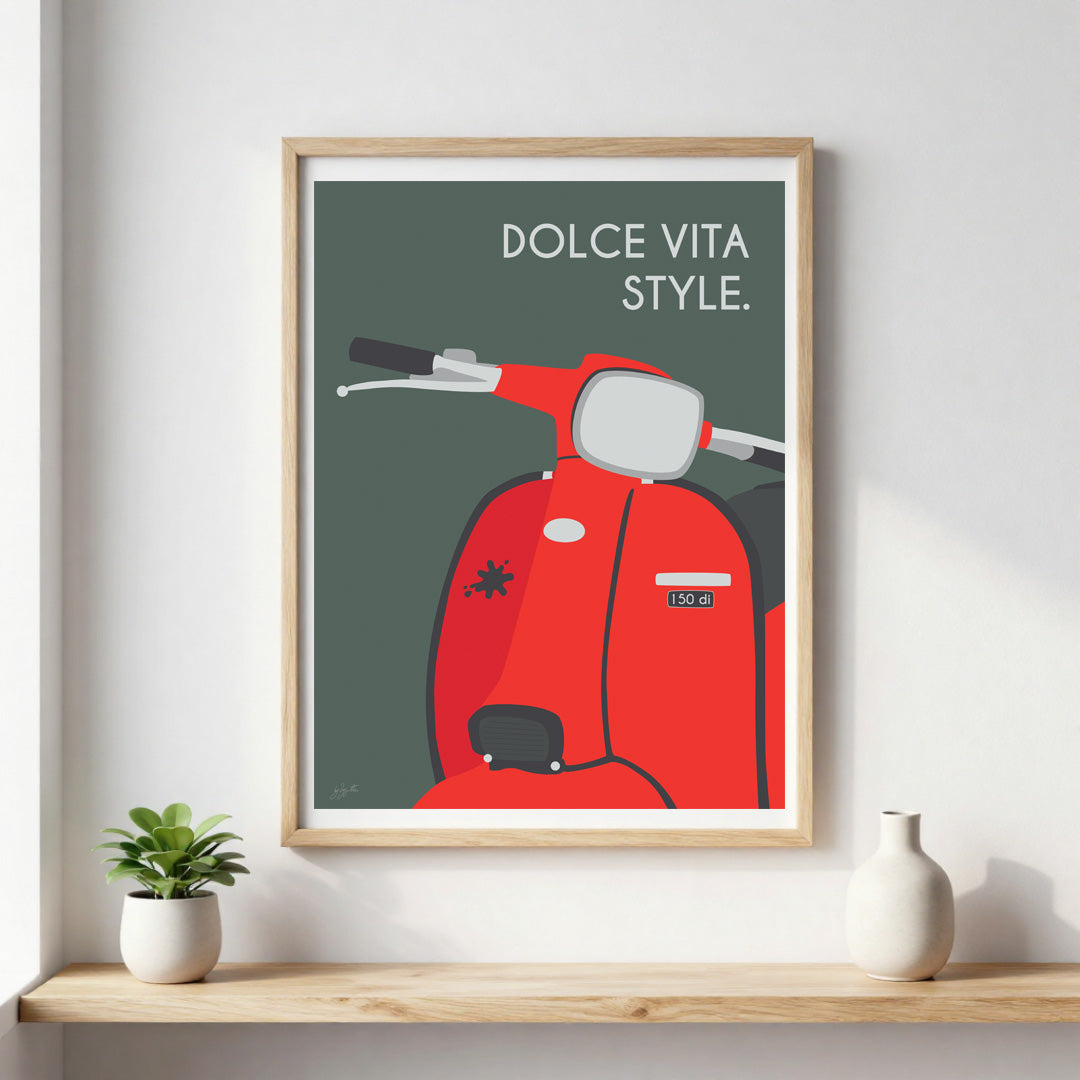 Affiche scooter vintage italien – décoration murale inspirée de l’art de vivre italien et de la Dolce Vita.