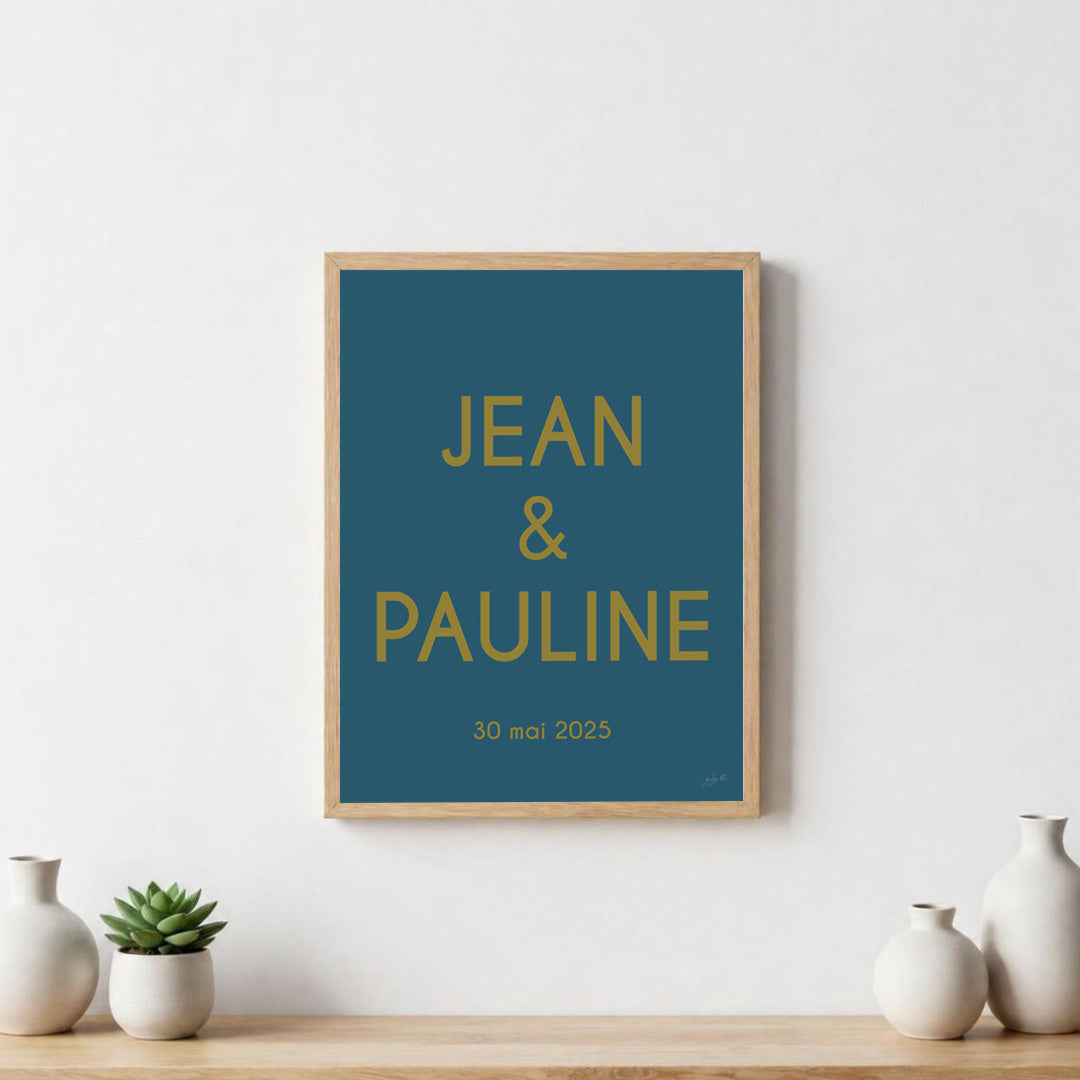 Poster de mariage personnalisée avec prénoms et date, décoration murale romantique fabriquée en France.
