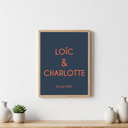 Poster de mariage personnalisée avec prénoms et date, décoration murale romantique fabriquée en France.
